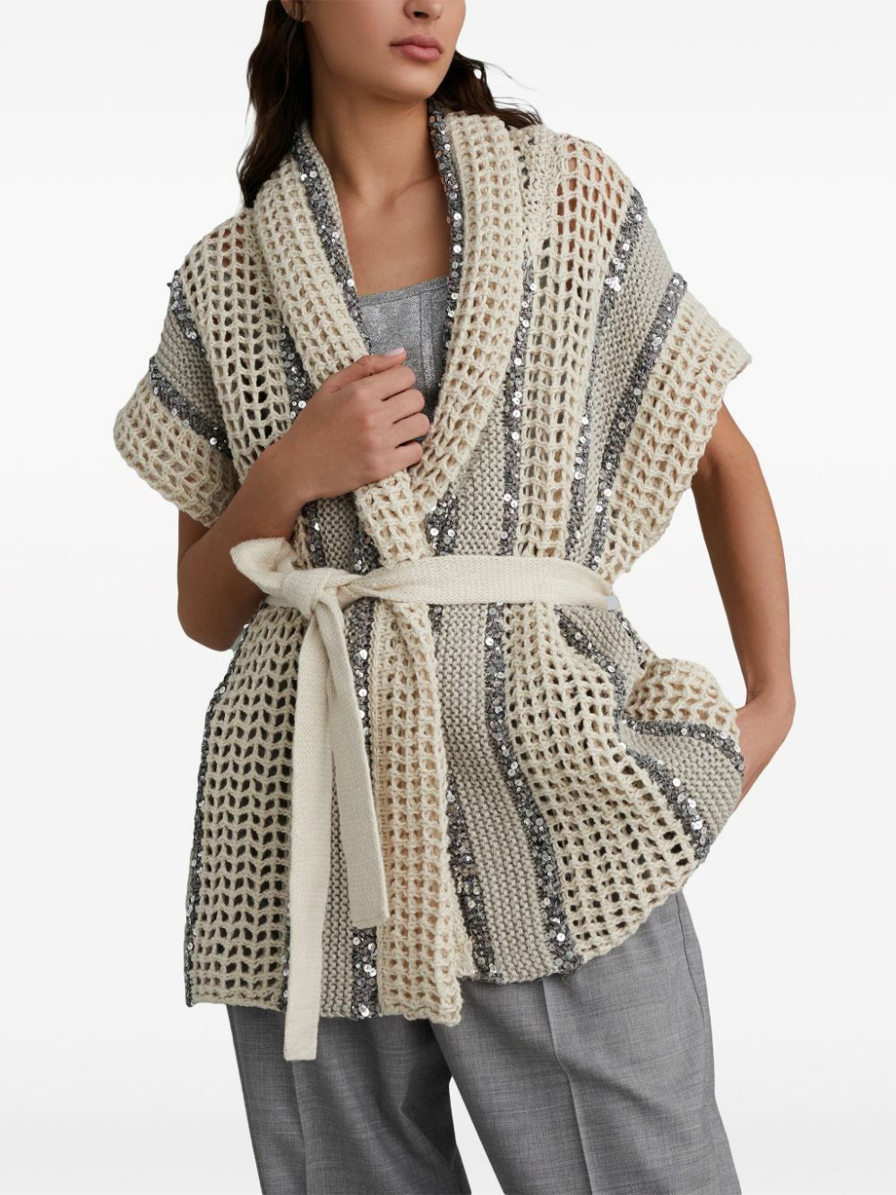 Brunello Cucinelli o1w1db10825 Cardigan in Beige/Khaki Size L / US 10 / IT 46 - 1 Thumbnail