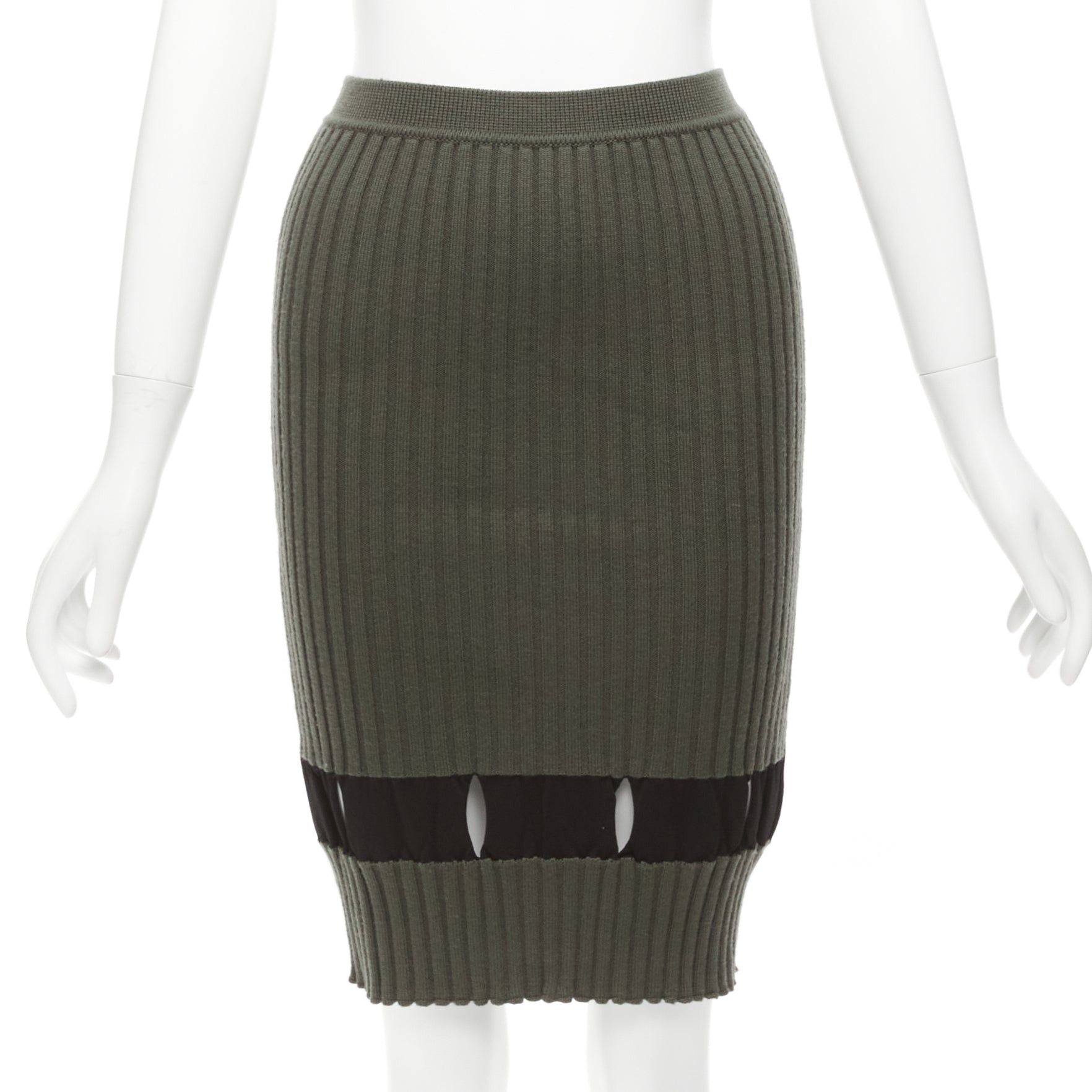 image of Alexander Wang Khaki Black Ribbed Cut Out Pencil Knee Skirt Xs, Women's (Size 26)