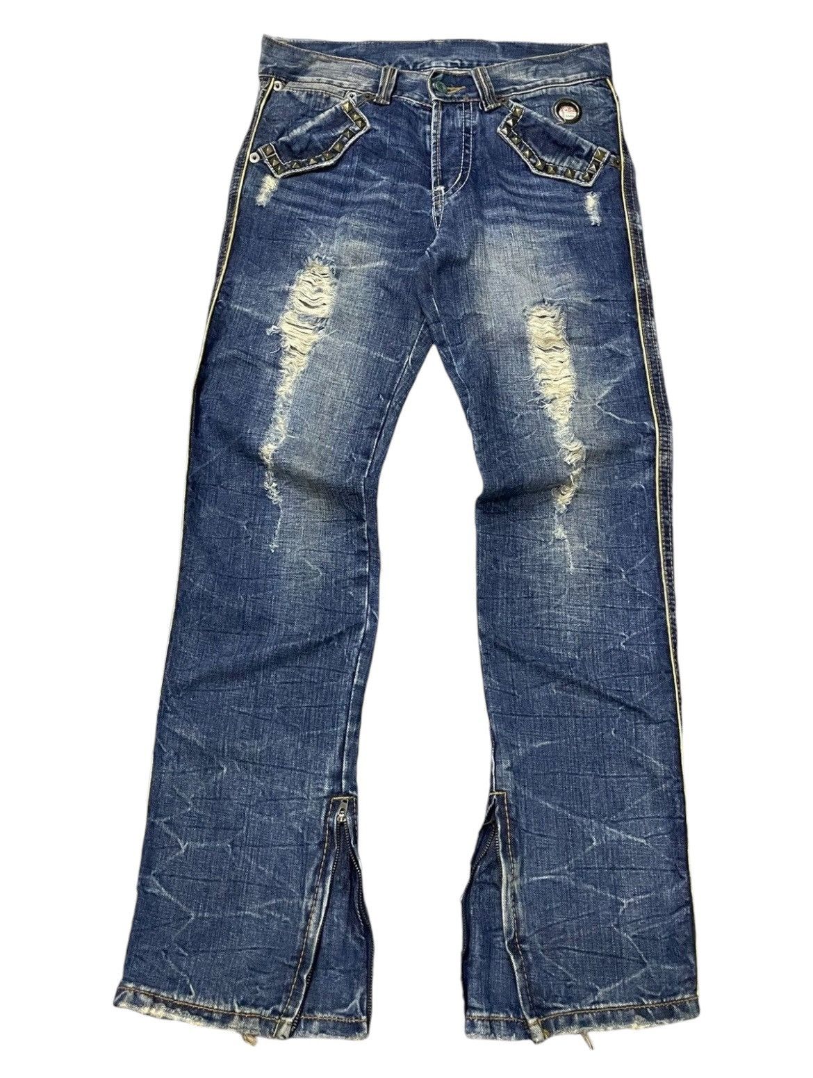 If Six Was Nine × Le Grande Bleu (L.G.B.) × Shellac Pinball japan Studded Distressed Honeycomb Flared Jeans Size US 32 / EU 48 - 1 Thumbnail