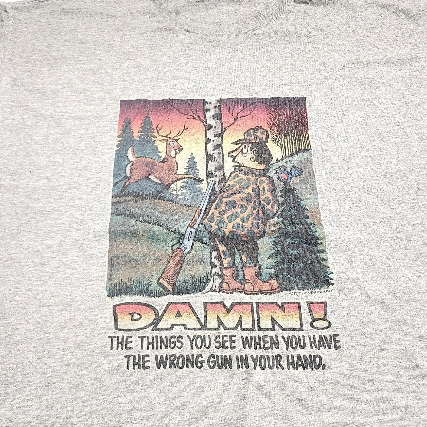 Fruit Of The Loom VINTAGE Deer Hunting T Shirt Comedy Art Work 1995 Allentown,PA Men's Size XL Gray Short Sleeve Crew Neck Cotton Size US XL / EU 56 / 4 - 2 Thumbnail