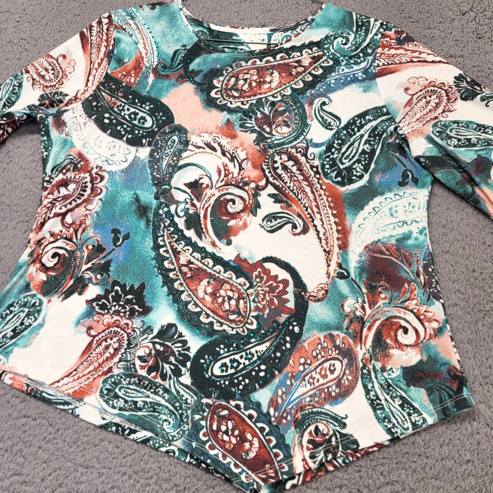 Vintage Allison Daley Blouse Petite PM Turquoise Pink Paisley Asymmetric Hem 3/4 Sleeve Size M / US 6-8 / IT 42-44 - 2 Thumbnail