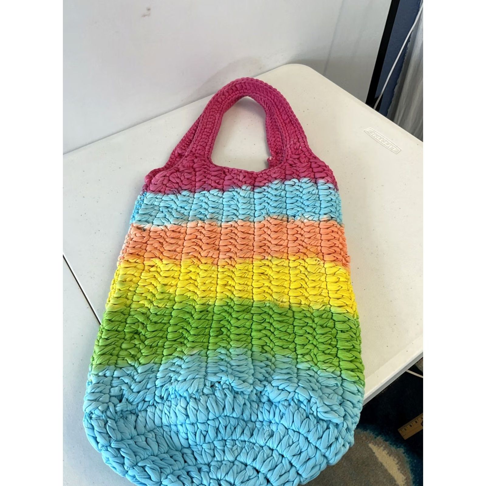 Rainbow Woven Crochet Knit Tote Bag Shoulder Shopper Colorful