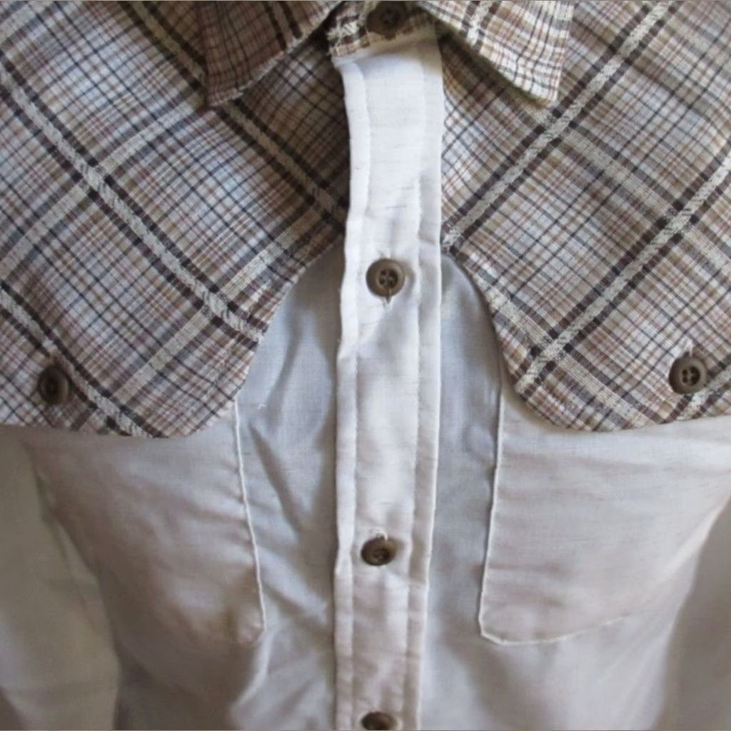 VINTAGE H.I.S Men's Western Shirt 70s Plaid Disco Cowboy Cotton Blend Small White Retro