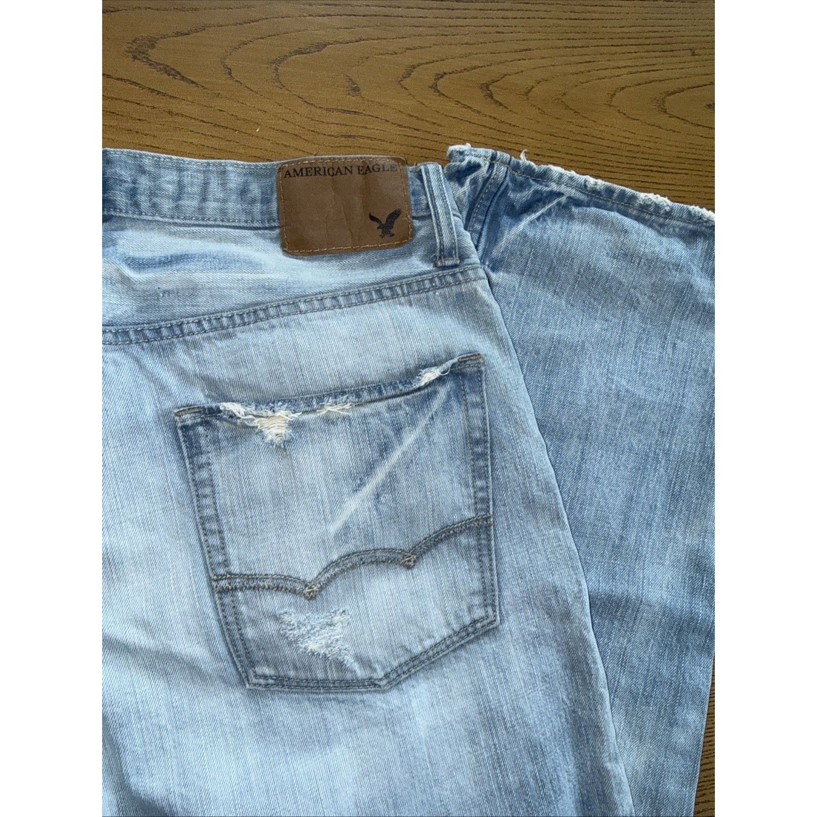 American Eagle Outfitters AE dated 2009 Men’s Distressed Plaid Patched Jeans 32x29 EUC Size US 32 / EU 48 - 4 Thumbnail