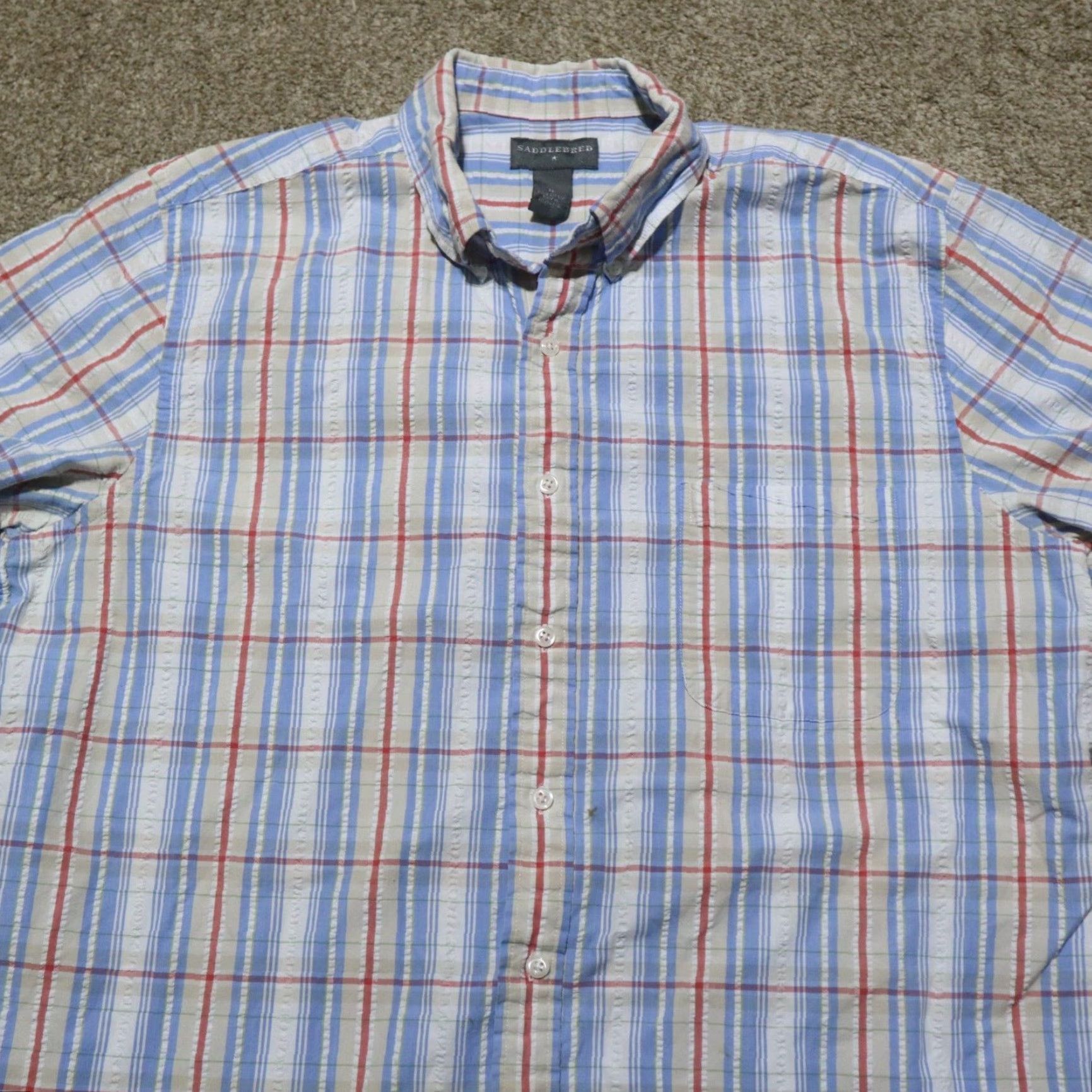 X-LARGE Saddlebred Shirt Button-Up Men XL Red White Blue Striped Casual Workwear 100% Polyester, Short Sleeve, Multicolor, Regular Fit, Adults, Button-Down Size US XL / EU 56 / 4 - 2 Thumbnail
