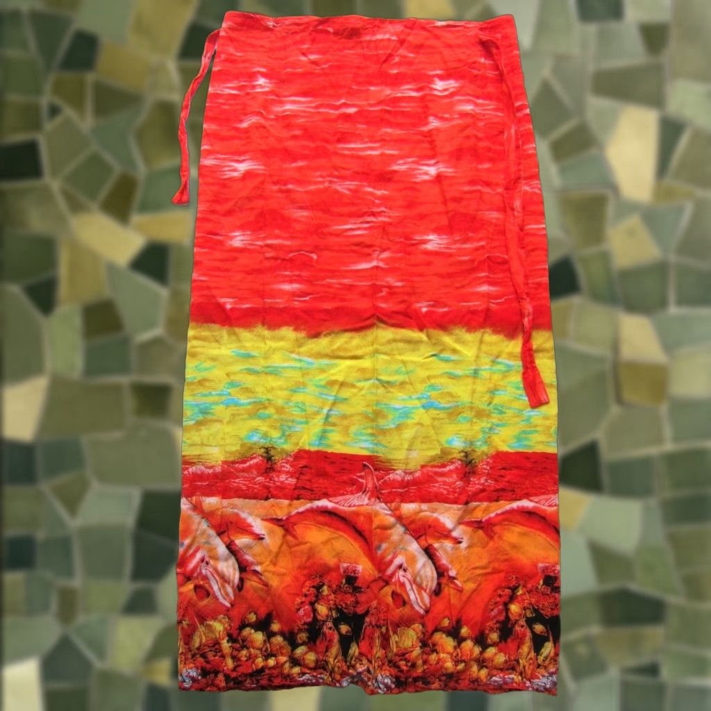Vintage VINTAGE 100% Rayon Red Yellow Orange Dolphin Long Maxi Wrap Skirt M-L Size 32" / US 10 / IT 46 - 1 Thumbnail