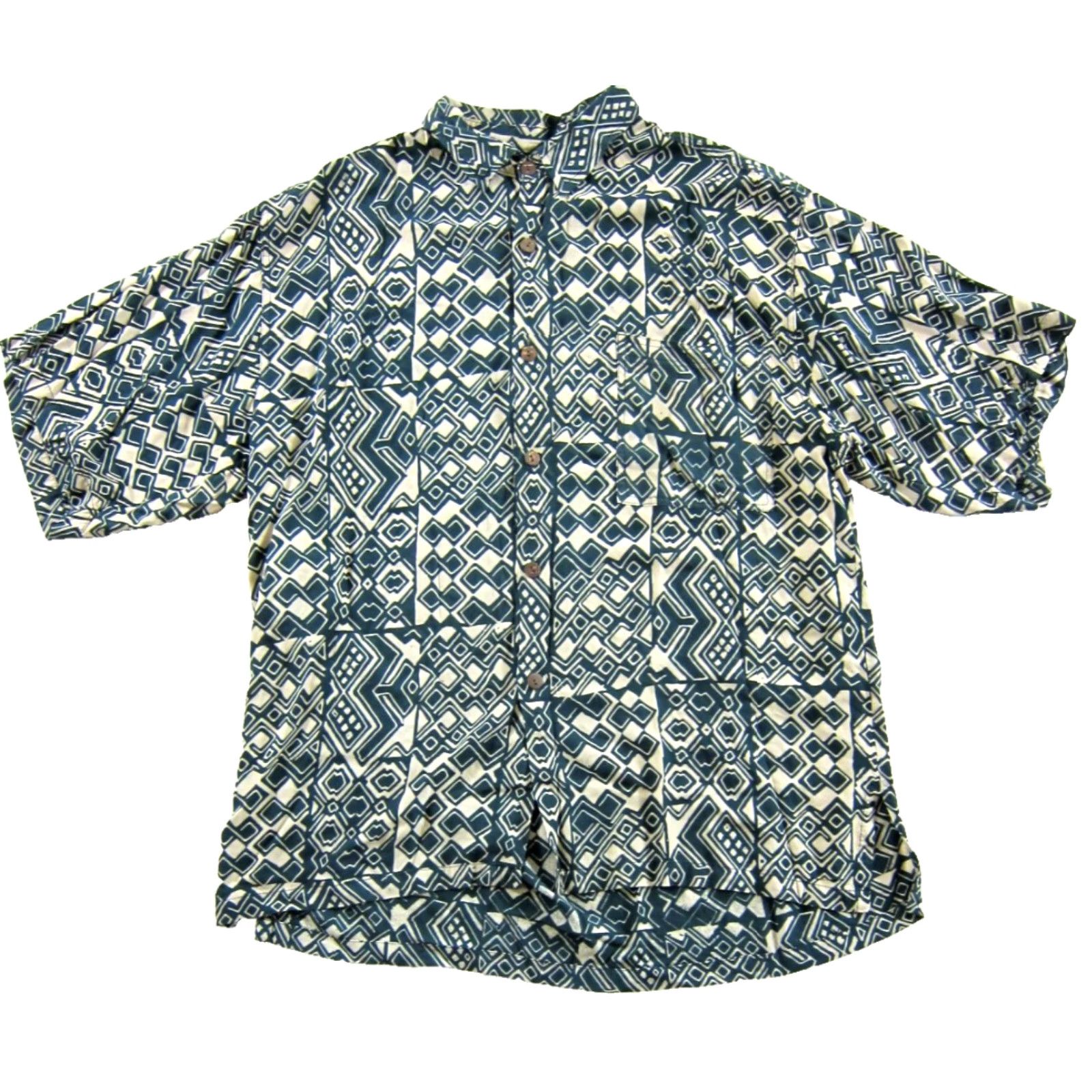 Vintage VINTAGE Noa Noa Shirt Men XL Geometric Short Sleeve Hawaiian Rayon Blue Ivory Button-Up Size US XL / EU 56 / 4 - 2 Thumbnail