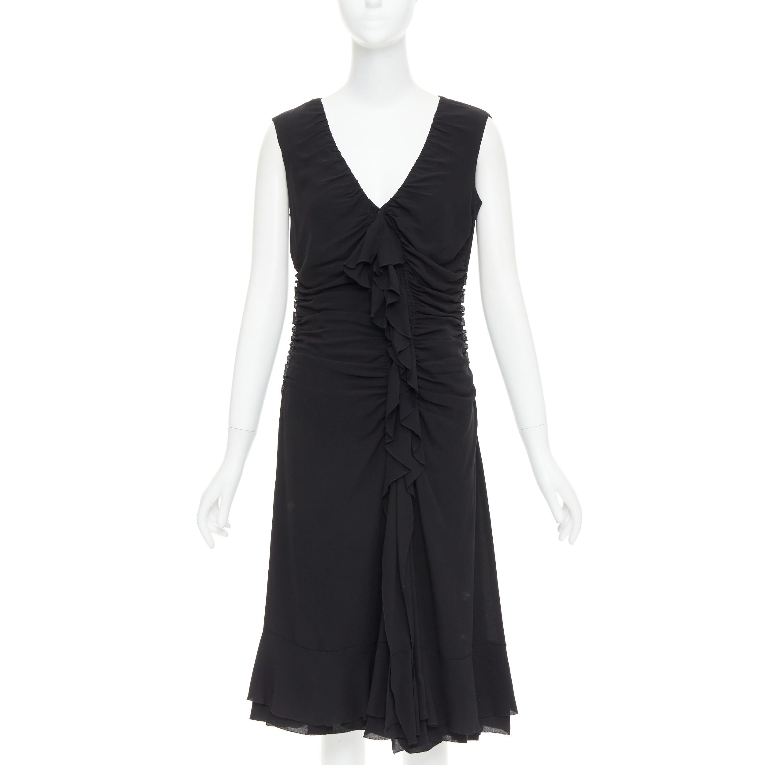 Prada PRADA Vintage black silk ruched ruffle front V neck dress IT44 L Size M / US 6-8 / IT 42-44 - 1 Thumbnail