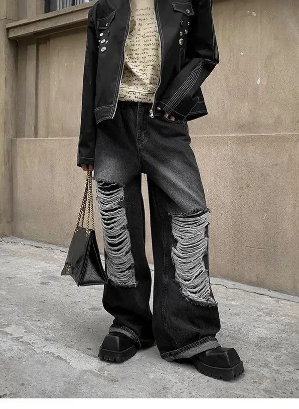 VIBE Baggy distressed ripped wide leg y2k jeans Size US 32 / EU 48 - 6 Thumbnail
