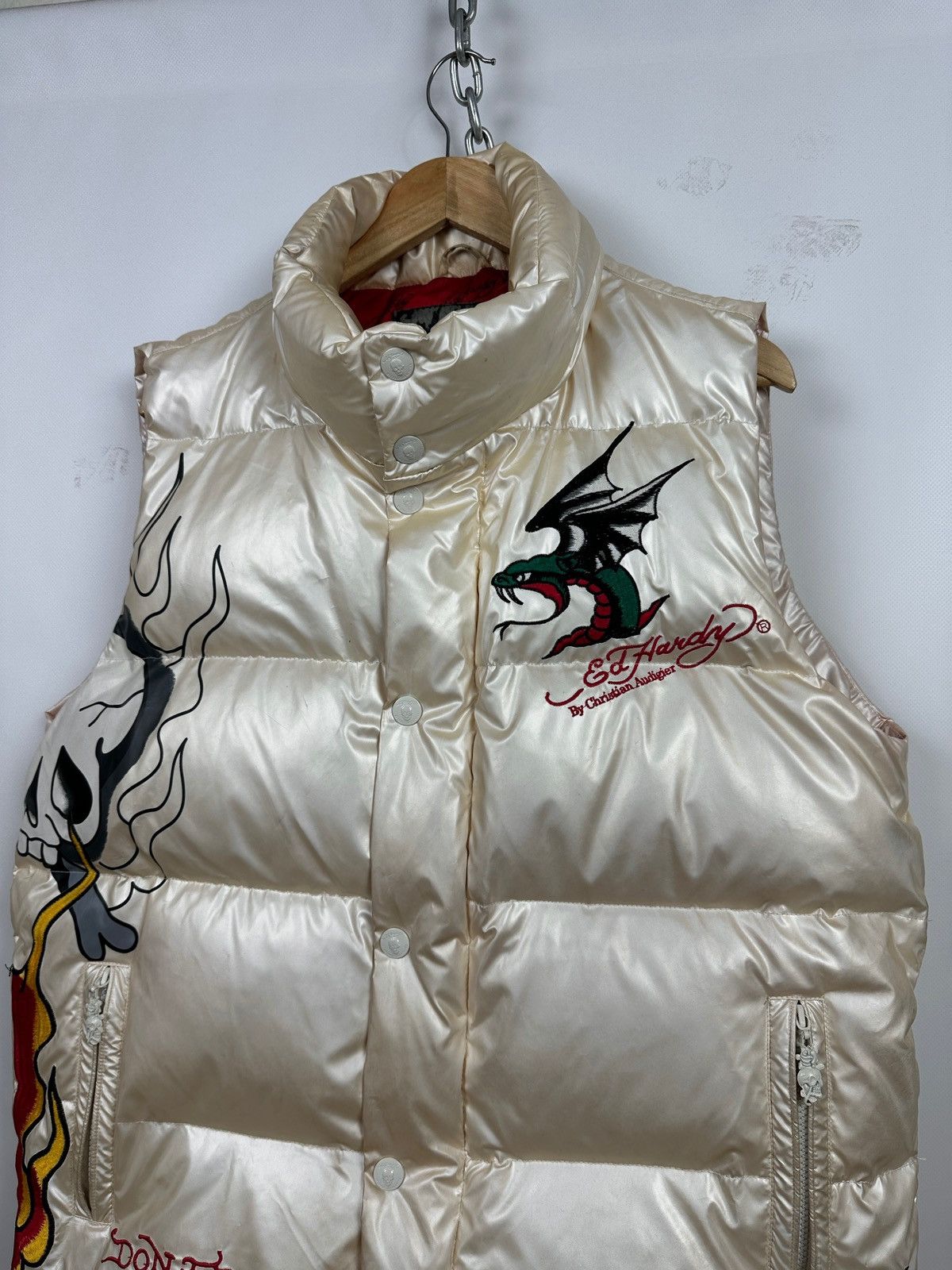 Christian Audigier Vintage Ed Hardy Flaming Skull Down Puffer Vest Size US L / EU 52-54 / 3 - 7 Thumbnail