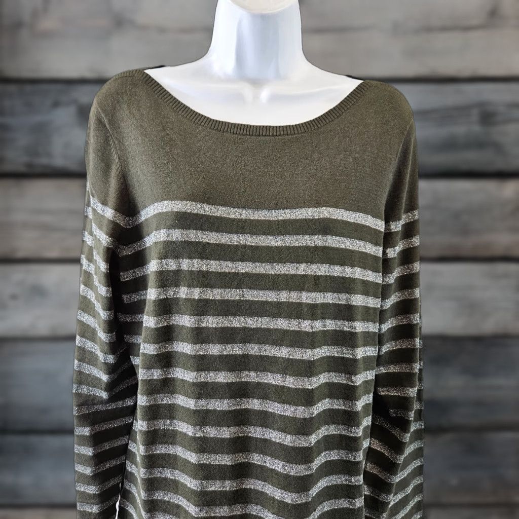 Tommy Bahama Tommy Bahama Womens Knit Top Sz XL Green Silver Striped Cotton Blend Long Sleeve Blouse Women XL Green Silver Striped Knit Top Size XL / US 12-14 / IT 48-50 - 1 Thumbnail