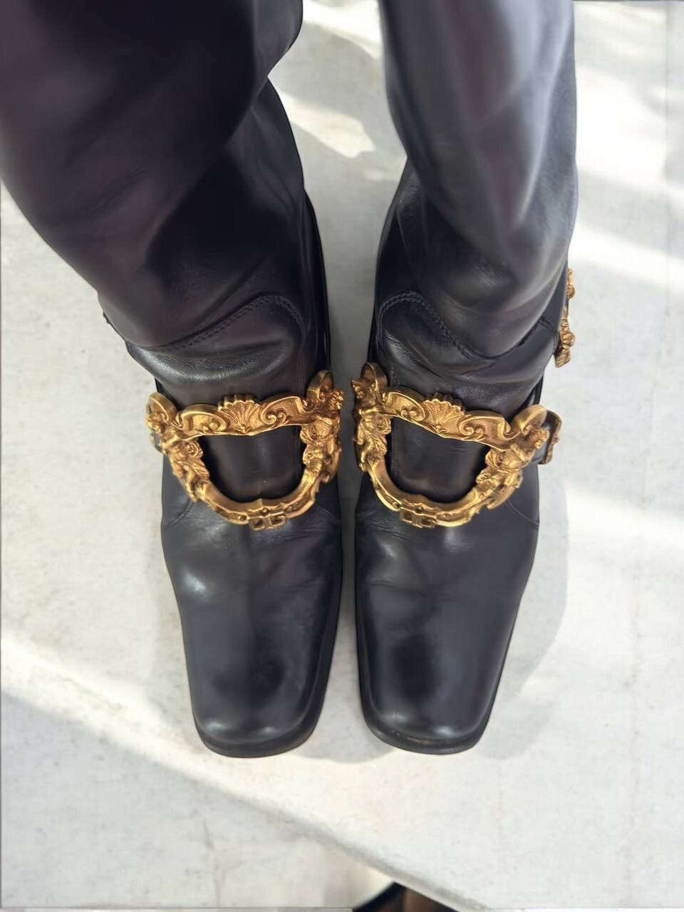 Dolce & Gabbana Dolce & Gabbana Black Leather Flower Embellished Knee Boots Size US 6 / IT 36 - 7 Thumbnail