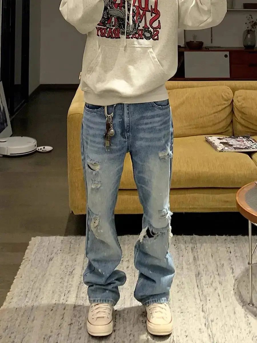 Japanese Brand Retro washed straight leg distressed jeans Size US 32 / EU 48 - 3 Thumbnail