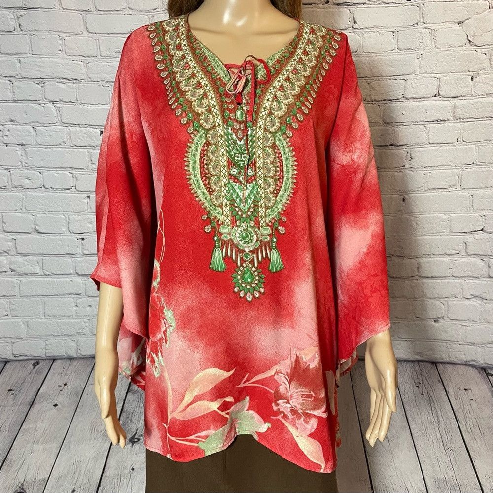 Other New Belle by Kim Gravel Printed V-Neck Lace-Up Red Poncho S Size XXL / US 16-18 / IT 52-54 - 9 Thumbnail