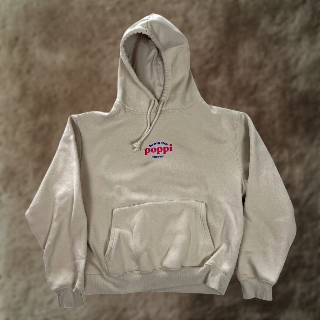 Vintage Poppi Hoodie Mens Large Beige Fleece Pullover Sweatshirt Graphic Print Hooded Lined Pockets Crew Neck Size US L / EU 52-54 / 3 - 1 Thumbnail