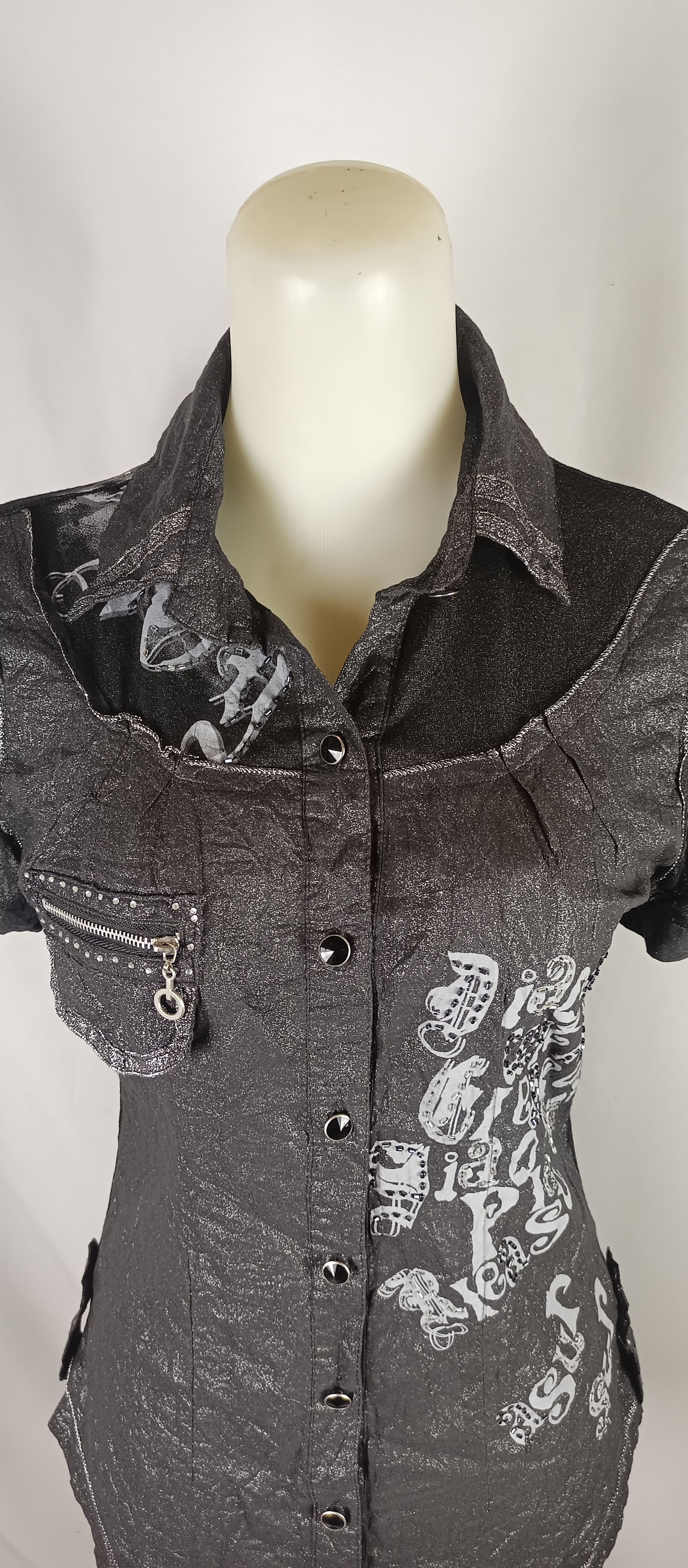 Japanese Brand Women's Black Poem Shimmer Blouses Short Sleeve Size US M / EU 48-50 / 2 - 16 Thumbnail