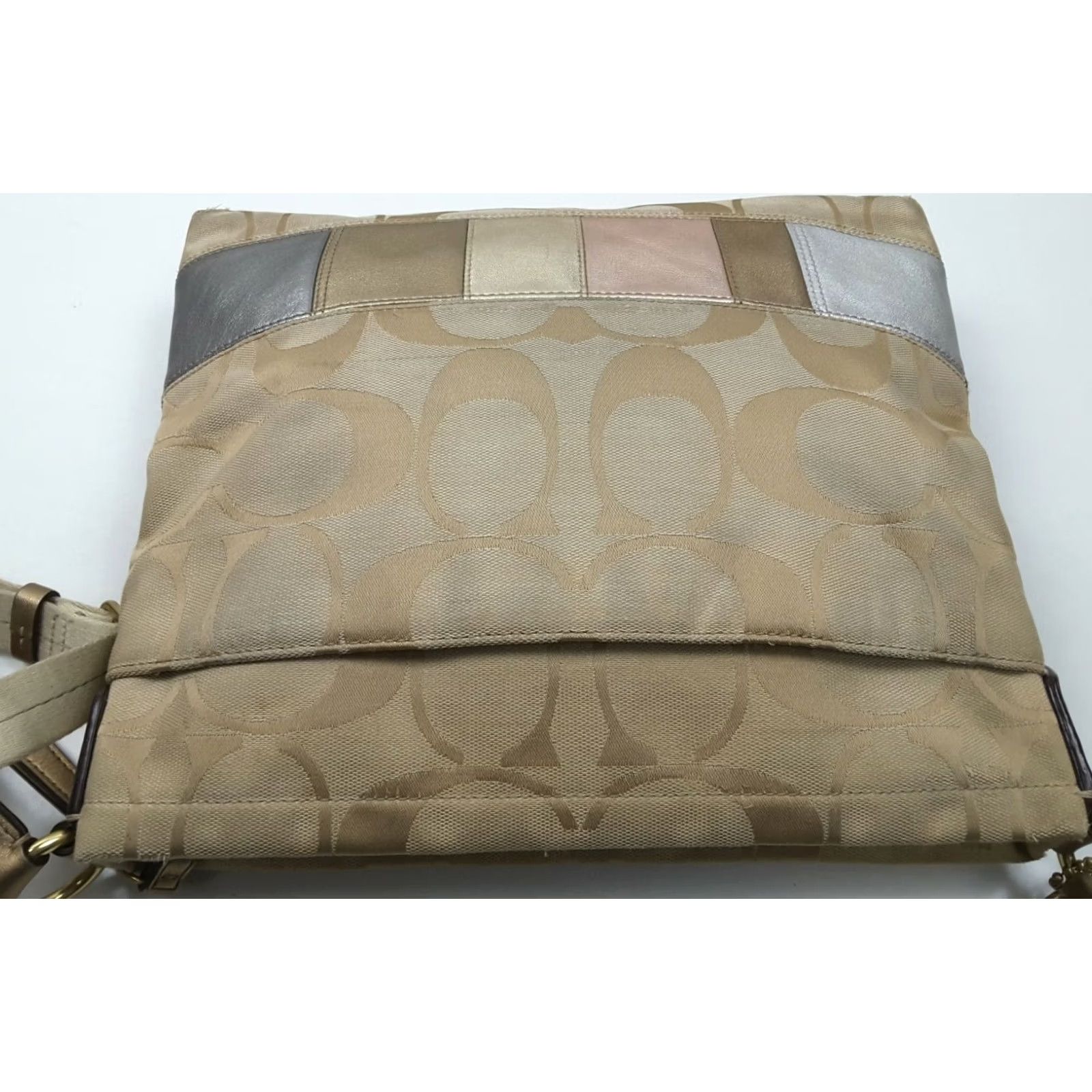 Coach Coach Signature Khaki Metallic Patchwork Stripe Shoulder Crossbody Purse, Medium, Beige, Women, F19209 Size ONE SIZE - 4 Thumbnail