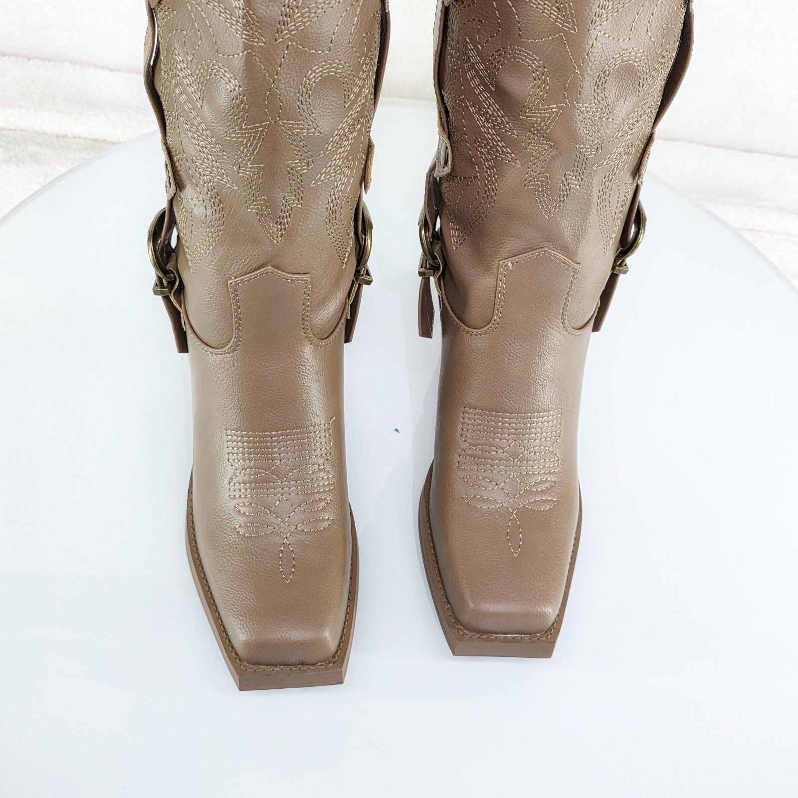 Other Glide Taupe Vegan Leather Biker Western Mid Calf Boots (US S Size US 9 / IT 39 - 4 Thumbnail
