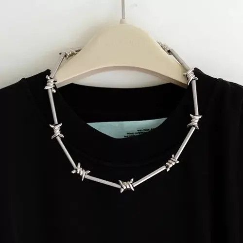 Jewelry Barbed Wire Chrome Necklace Spike Post Grunge Punk Chain Size ONE SIZE - 4 Thumbnail