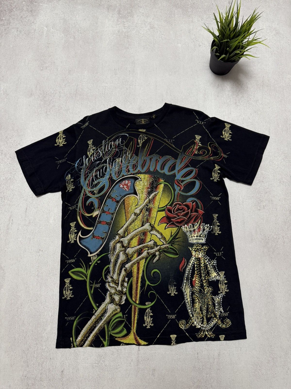 Christian Audigier × Ed Hardy × Japanese Brand Vintage Christian Audigier T Shirt Tee Overprinted Black Y2K Size US S / EU 44-46 / 1 - 1 Thumbnail