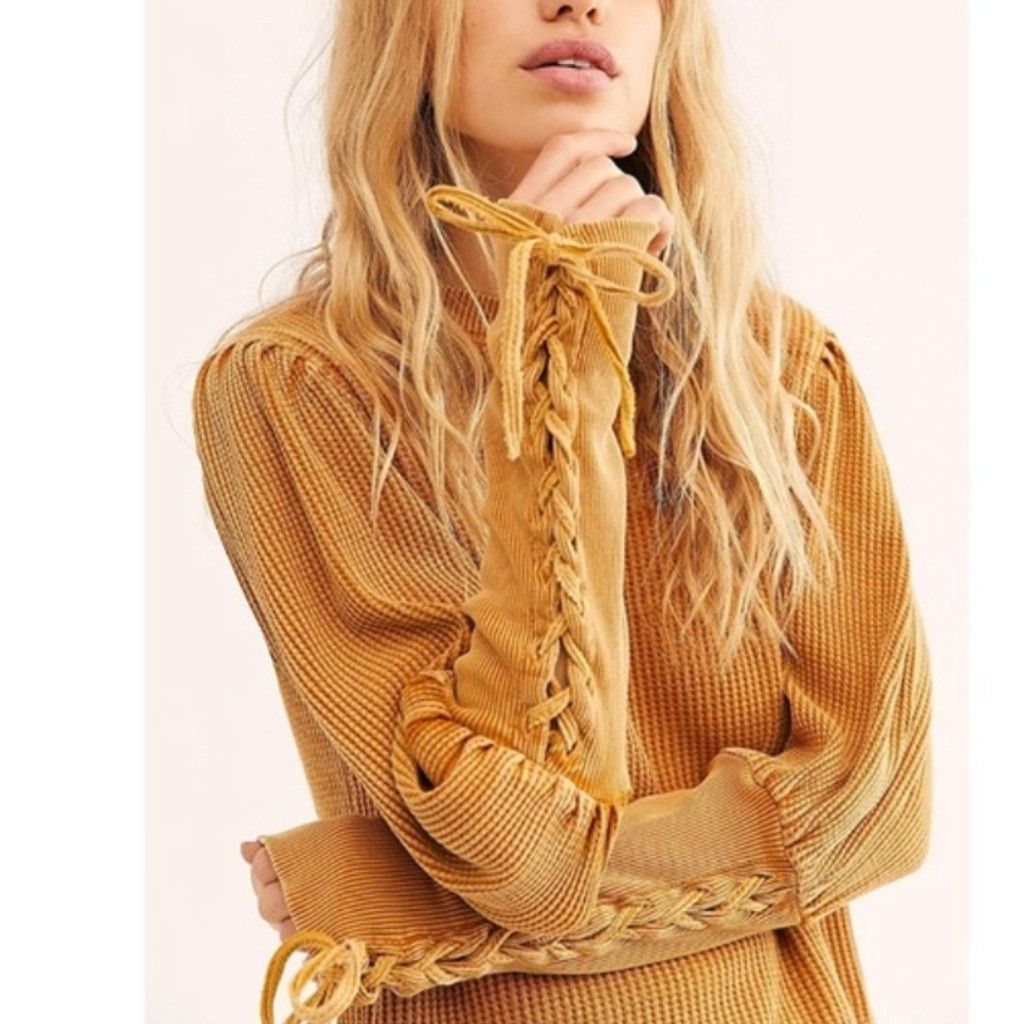 Free People FREE PEOPLE Tasha Distressed Mustard Top Laced Boho sz S Size XS / US 0-2 / IT 36-38 - 1 Thumbnail