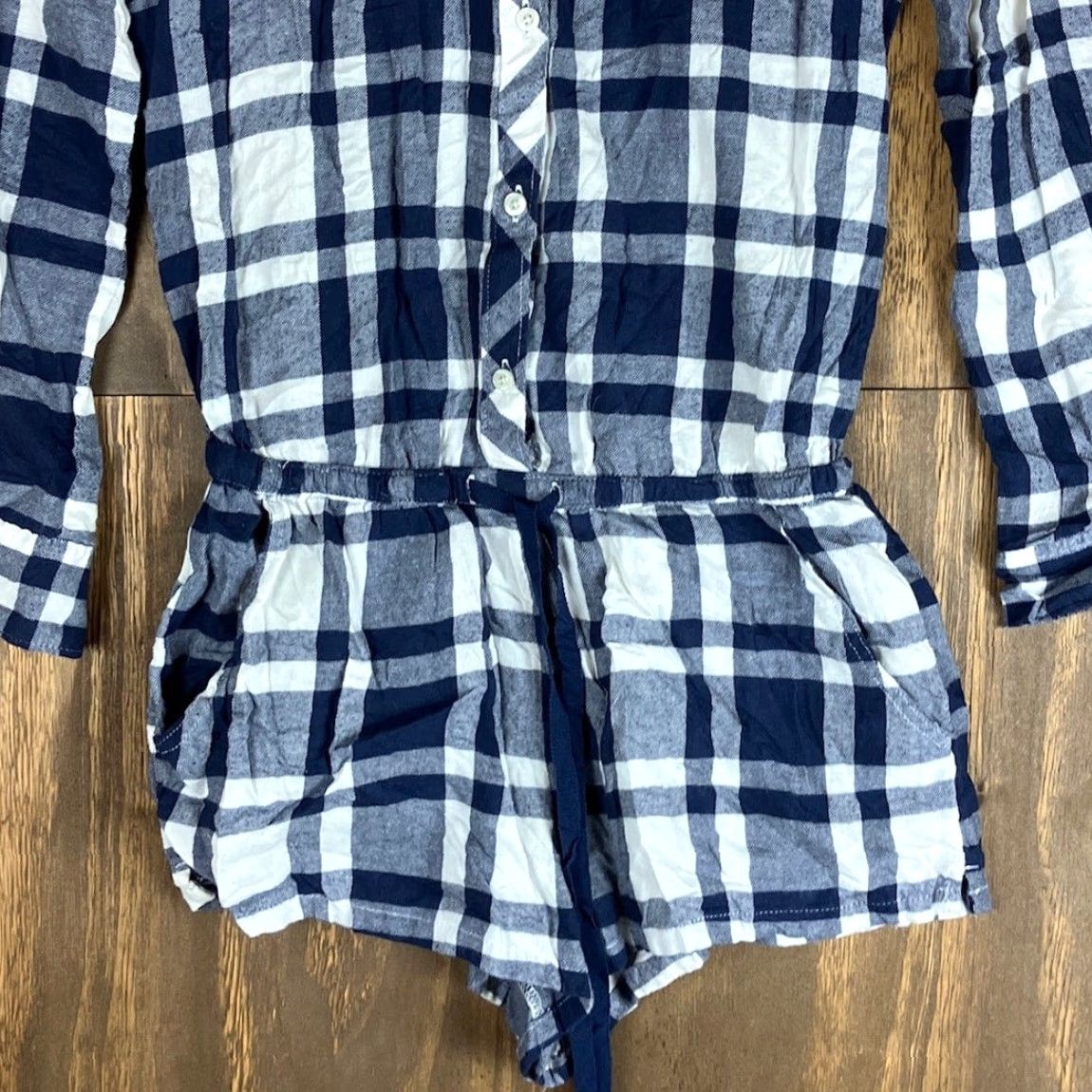 Vintage Aerie Womens Romper Navy White Plaid Flannel Collared Long Sleeve Drawstring XS Size XS / US 0-2 / IT 36-38 - 3 Thumbnail