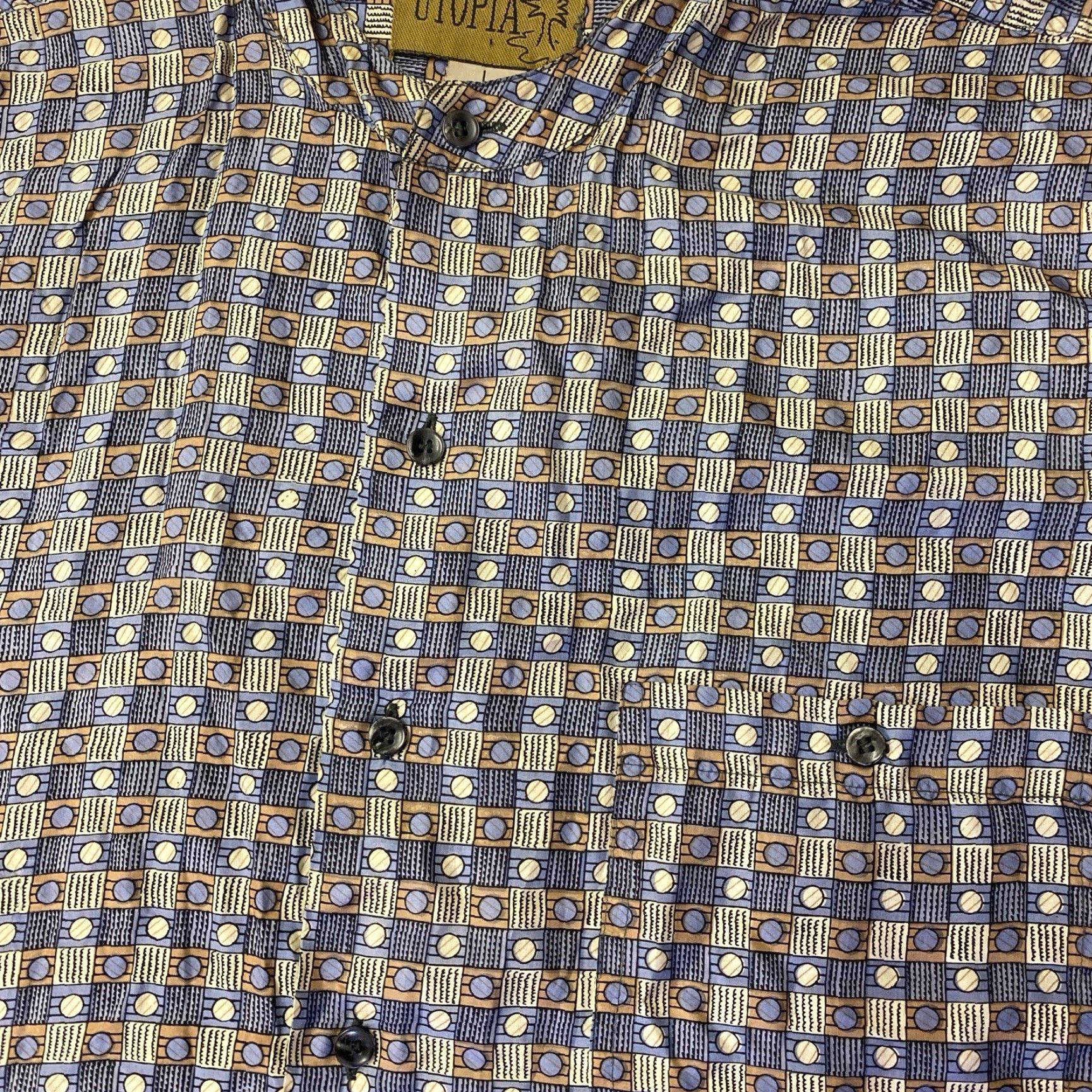 Vintage VTG Utopia Blue Abstract Geometric Shirt Top Sz Large Funky Hip 90s Retro Rock USA Button-Up Short Sleeve Collared Silk Cotton Geometric Mens Size US L / EU 52-54 / 3 - 2 Thumbnail