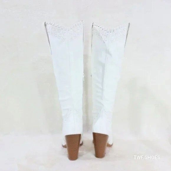 Other White Matte Western Knee High Cowgirl Boots Weave Design Size US 8.5 / IT 38.5 - 4 Thumbnail