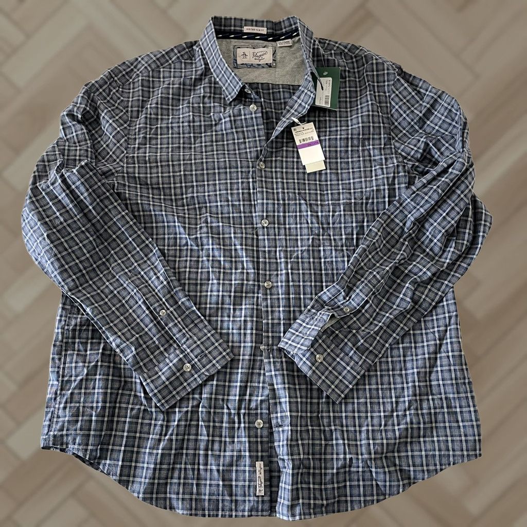 Vintage Penguin Shirt Plaid Button-Up Slim Fit Long Sleeve Mens 2XL Blue Size US XXL / EU 58 / 5 - 1 Thumbnail