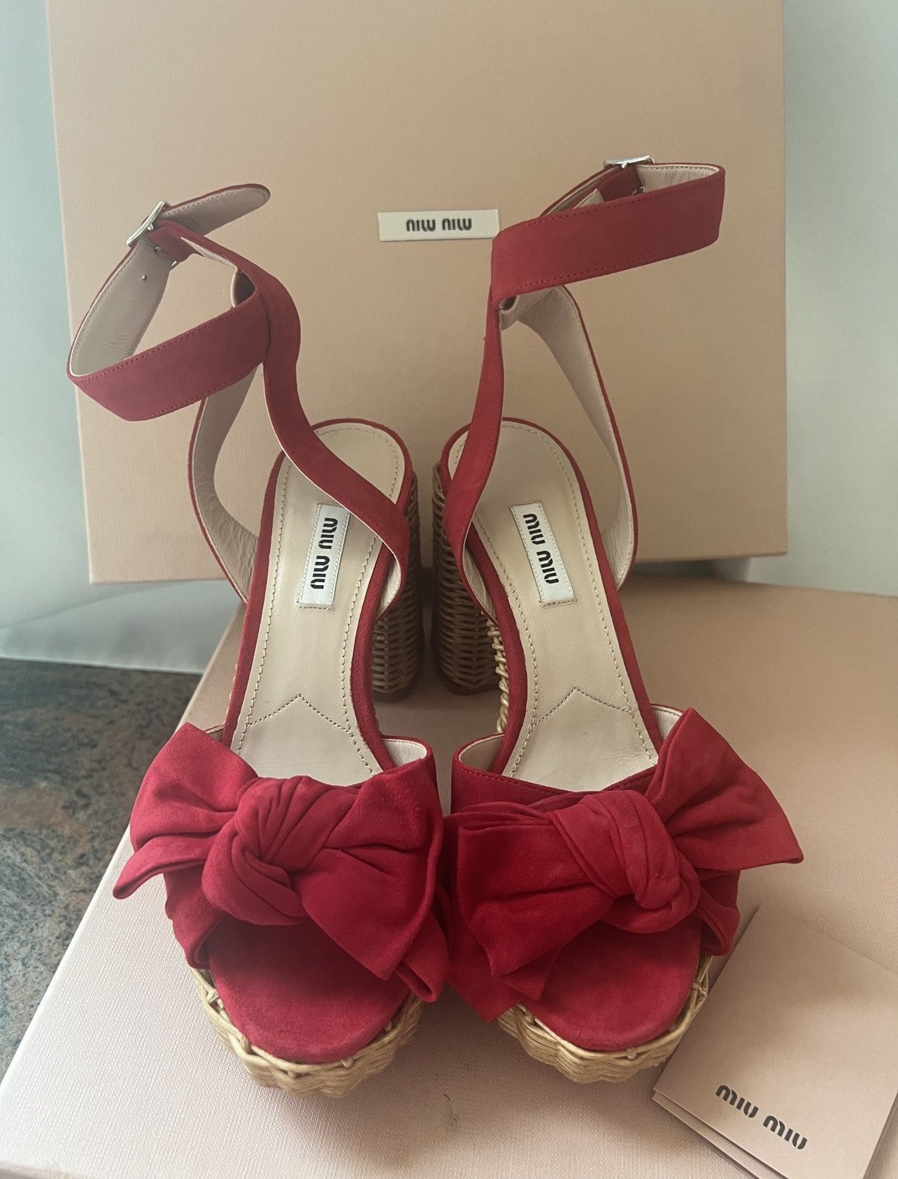Miu Miu 🔥 Miu Miu suede bow platform sandals shoes Size US 7 / IT 37 - 5 Thumbnail