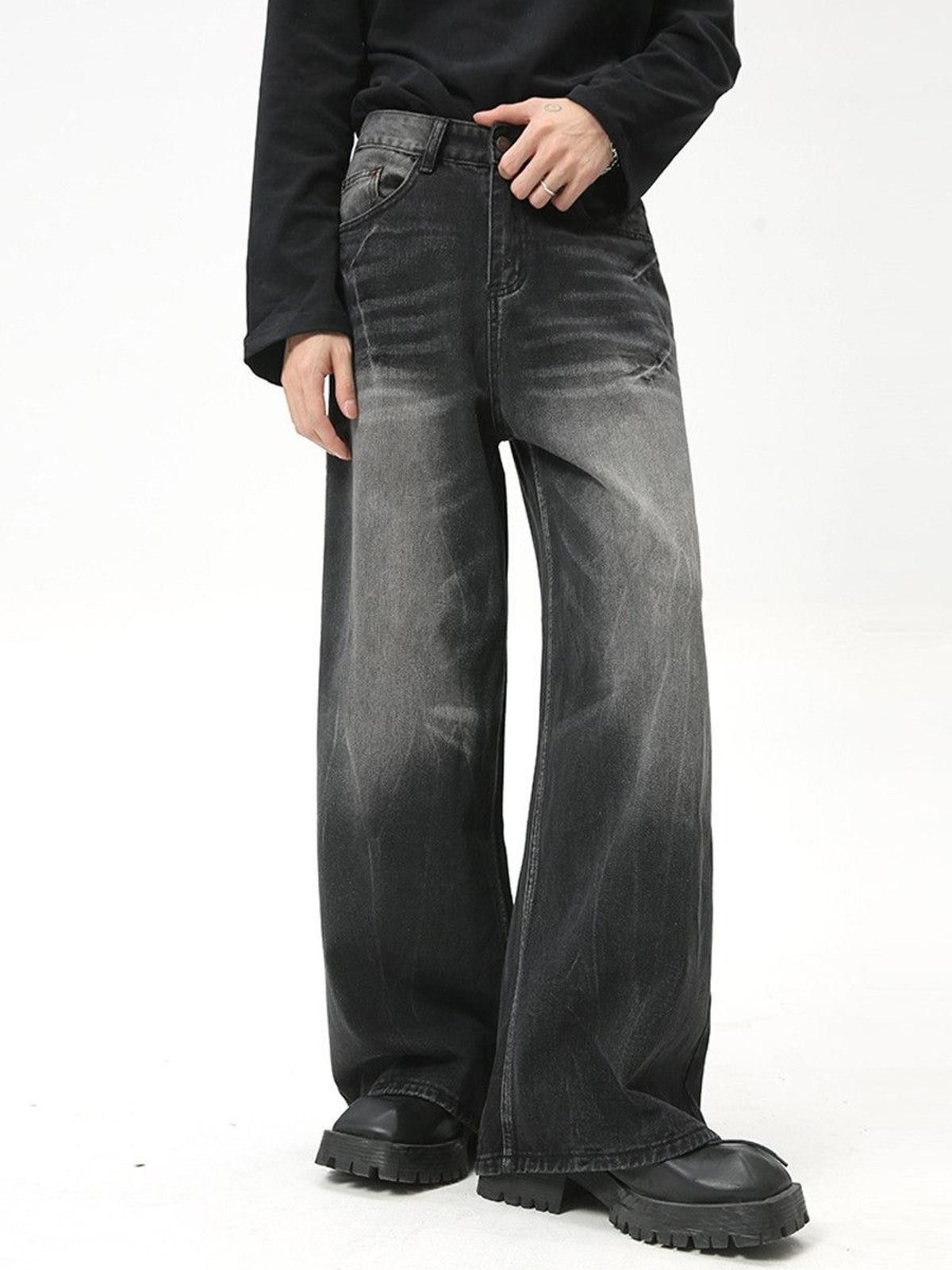 Vintage Black Washed Whiskered Baggy Straight Wide Leg Denim Jeans Size US 30 / EU 46 - 1 Thumbnail