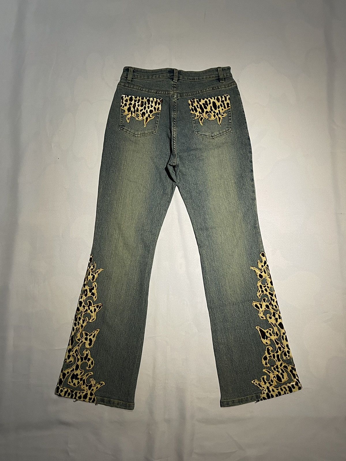 Vintage Denim Leopard Flame Embroidered Distressed Jeans