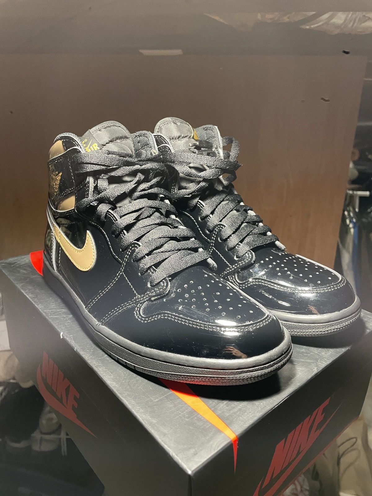 image of Jordan Nike 2020 Air Jordan 1 Black/gold Patent Leather Shoes, Men's (Size 10)