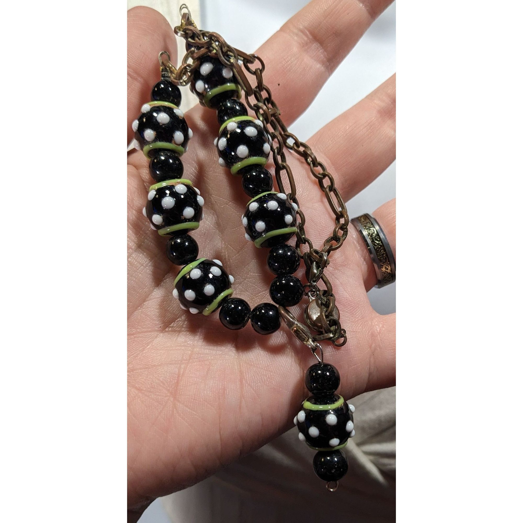 Handmade Quirky Handmade Black White And Green Glass Necklace Size ONE SIZE - 3 Thumbnail