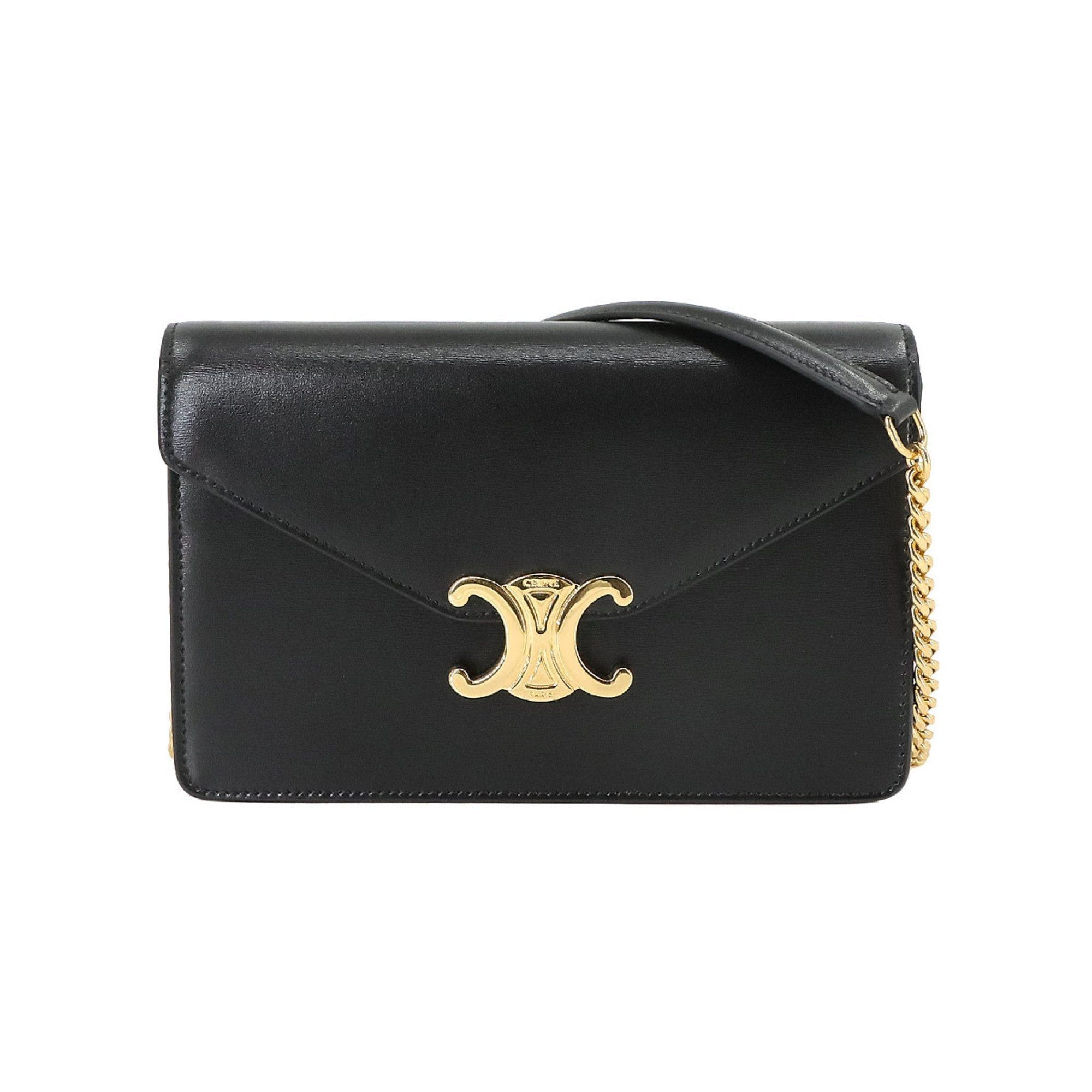 image of Celine Margo Triomphe Chain Wallet Long Leather Black 10L033Dpv Gold Hardware, Women's