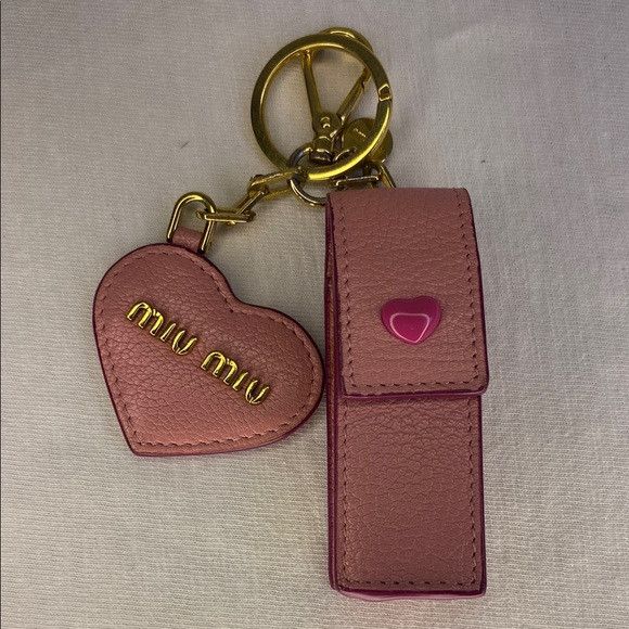 Miu Miu Miu Miu Mirror & Lipstick Holder Key Chain in Pink Leather Size ONE SIZE - 1 Thumbnail