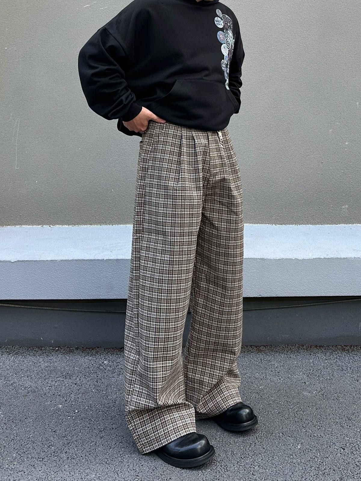 Vintage Brown Plaid Wide Leg Casual Pants, Loose Fit Trousers Size US 30 / EU 46 - 3 Thumbnail