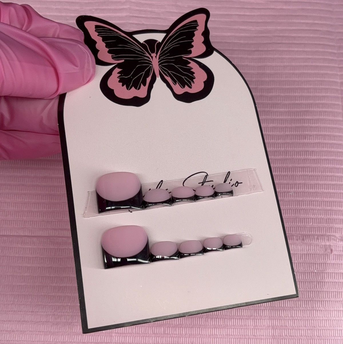 Handmade press on toenails pink nude black French tips handmade gel Size ONE SIZE - 7 Thumbnail
