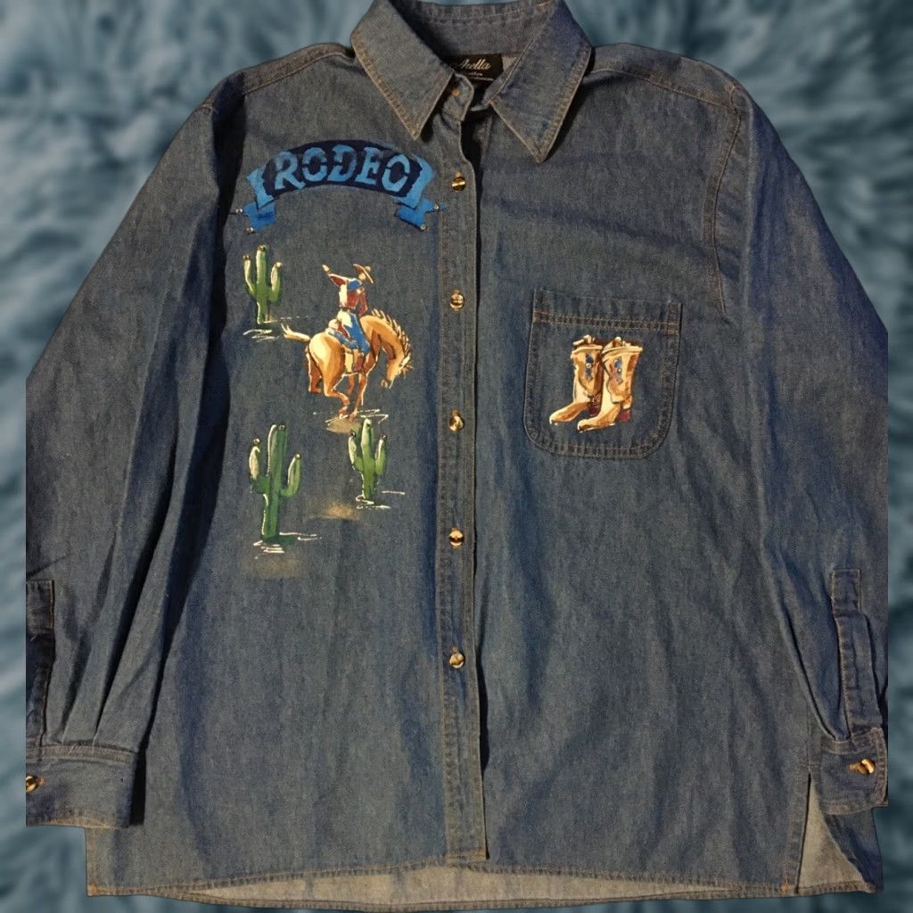Denime Vtg 90s Rodeo Horses Denim Jean Shirt XL USA Western Cowboy Boots Cactus Art 80s Cowboys Womens Blue Button-Up Size XL Size XL / US 12-14 / IT 48-50 - 1 Thumbnail