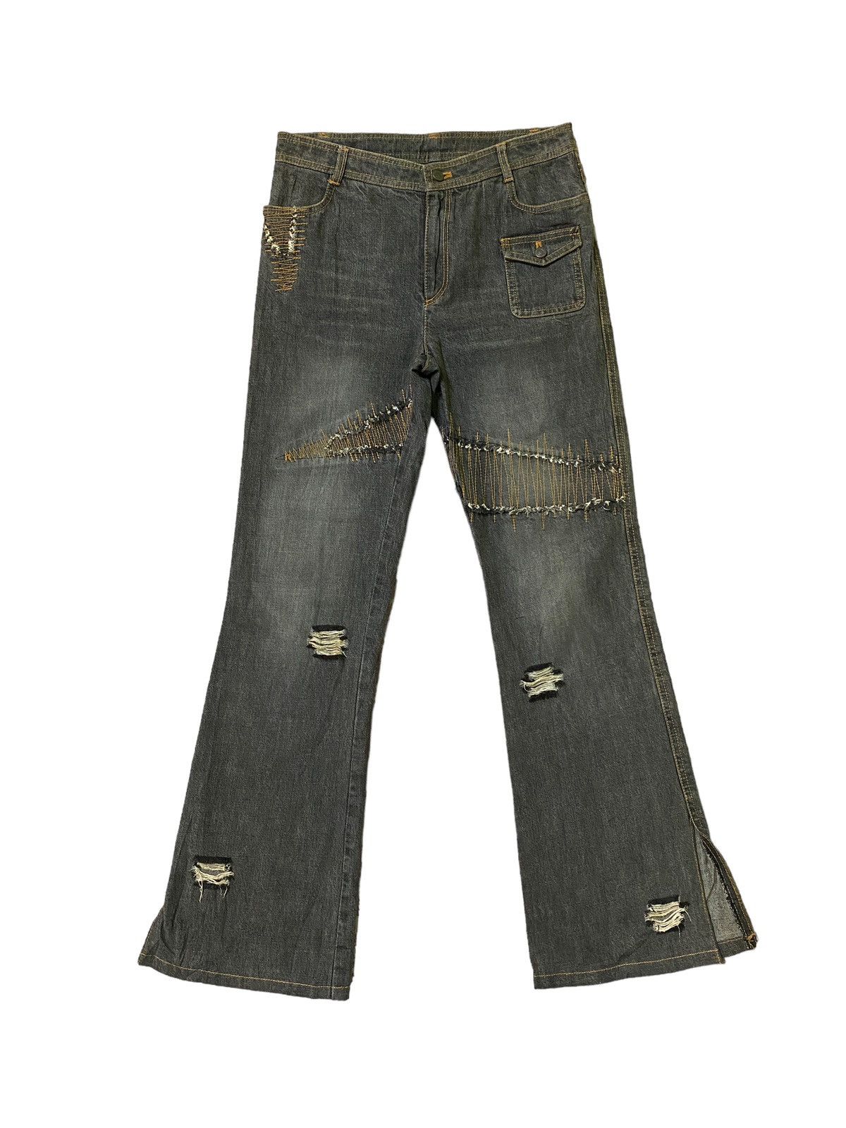 image of Distressed Denim Flared 5 Pocket Distressed Bootcut Denim in Black Grey, Women's (Size 26)