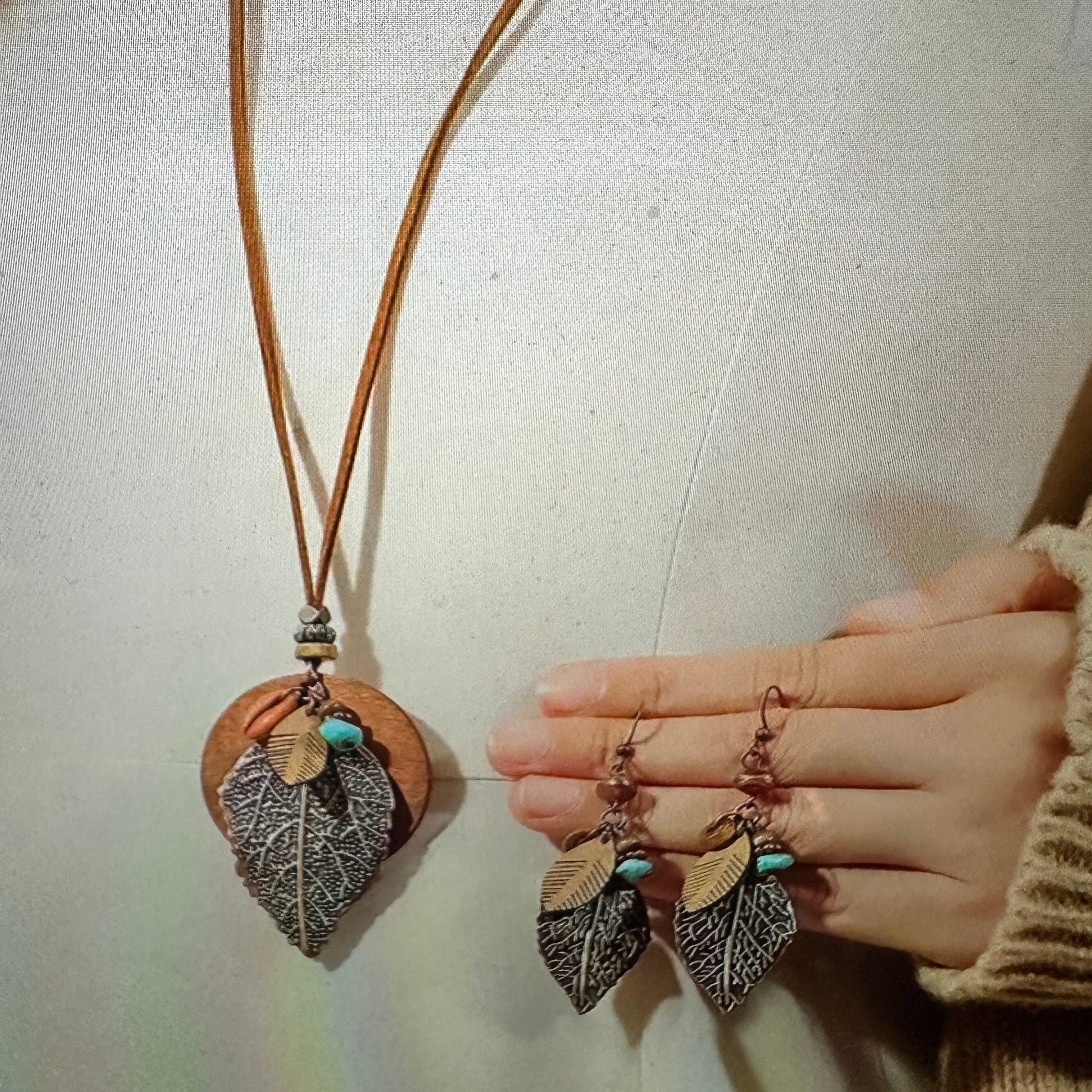 Other Bohemian Retro Copper Leaf Pendant Necklace Earrings Set For Size ONE SIZE - 5 Thumbnail