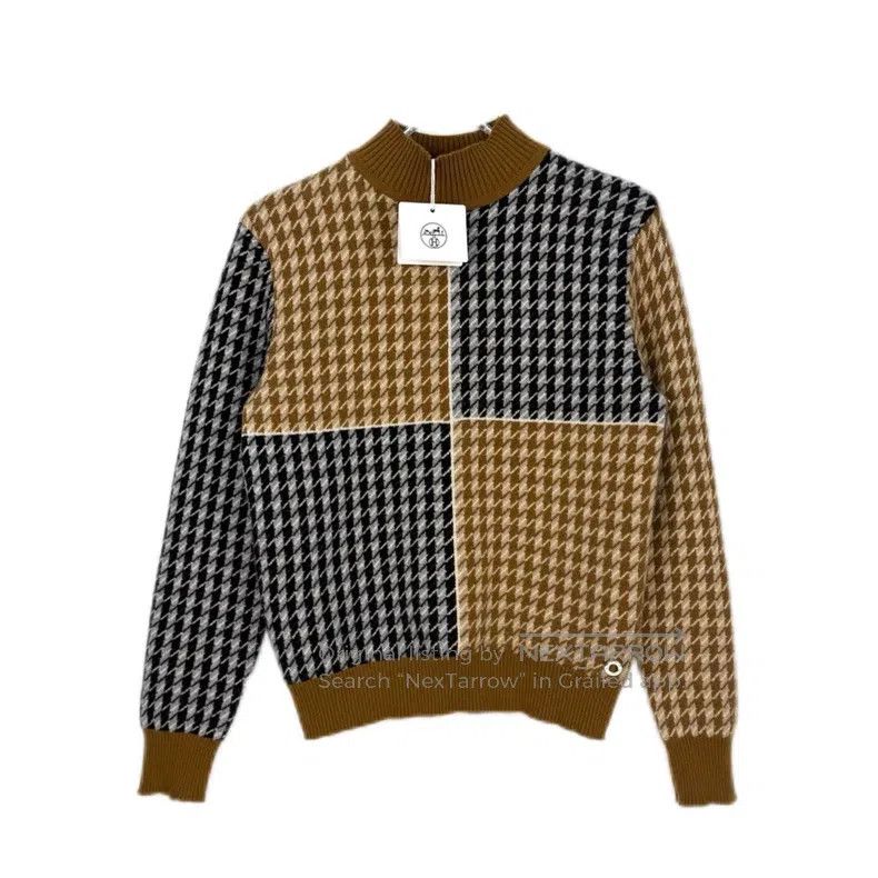Hermes Hermes Gray Beige Houndstooth Cashmere Metal Logo Sweater Size XS / US 0-2 / IT 36-38 - 1 Thumbnail