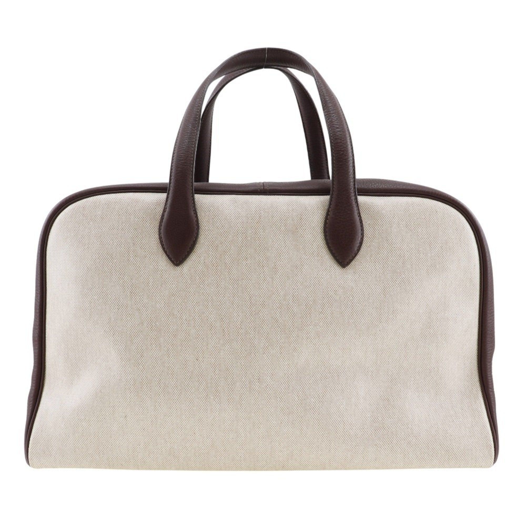 image of Hermes Victoria 43 Boston Bag Toile H X Taurillon Clemence Double Unisex in Brown, Women's