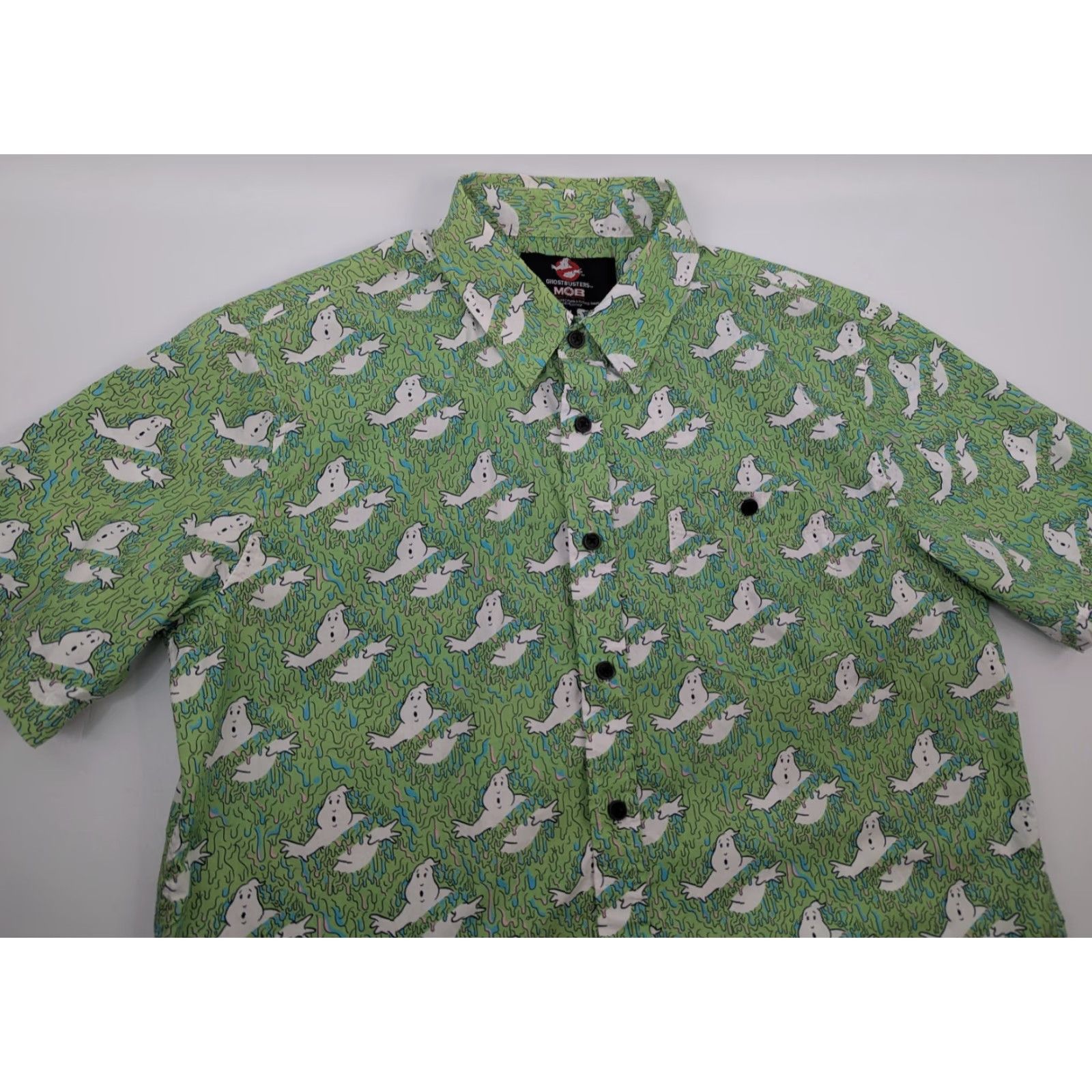 Vintage Middle of Beyond Ghostbusters Button-Up Shirt Men's M Green Graphic Print Cotton Short Sleeve Casual Trimmed Collar Mens Size US M / EU 48-50 / 2 - 2 Thumbnail