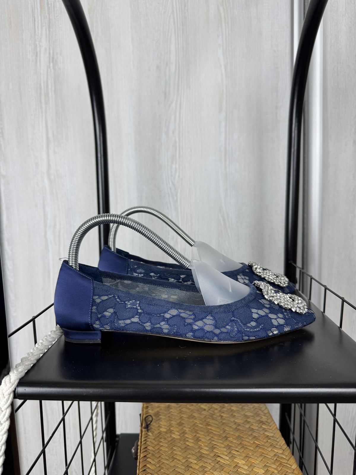 Manolo Blahnik Manolo Blahnik Navy Blue Lace and Satin Hangisi Ballet Flats Size US 9 / IT 39 - 2 Thumbnail