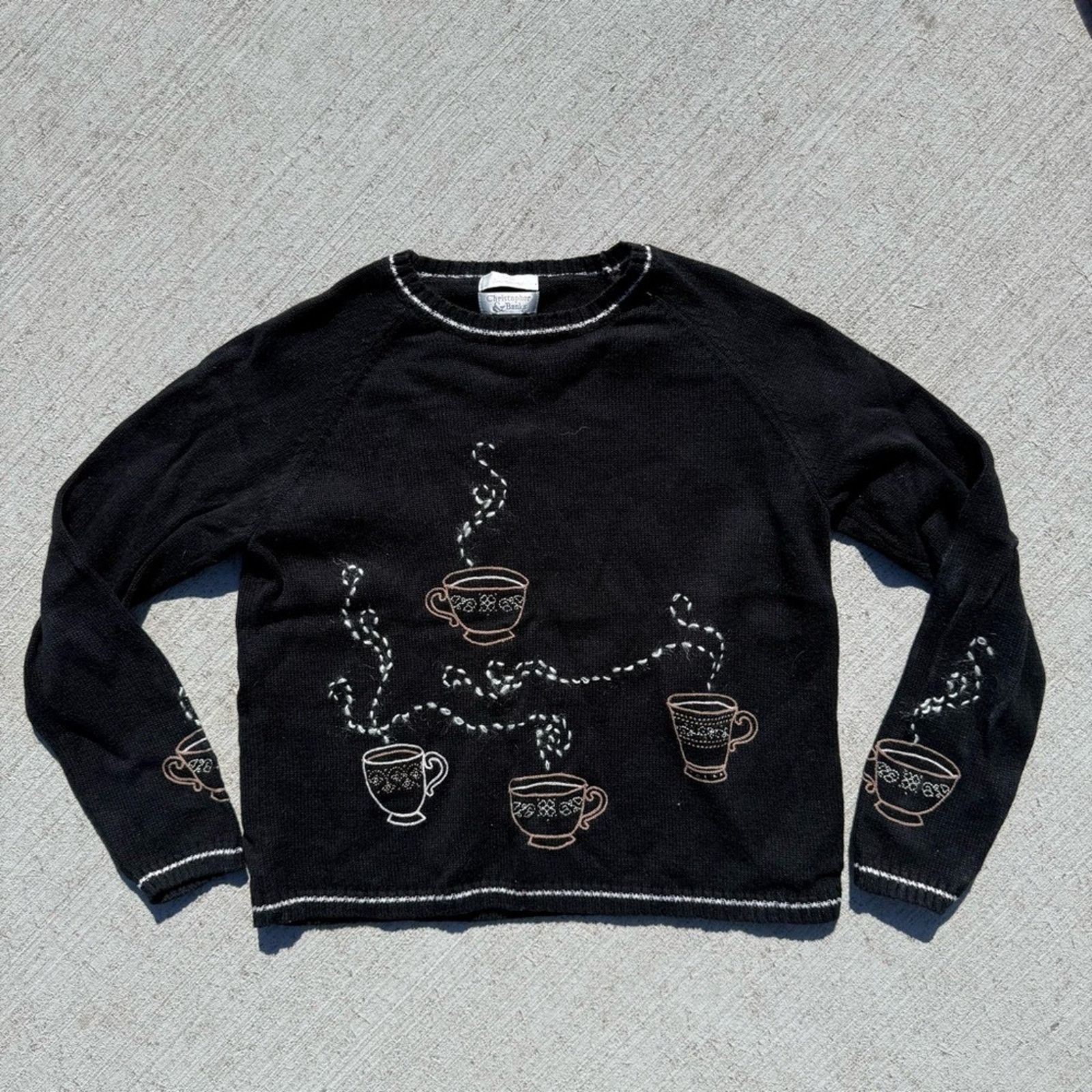 Vintage Y2K Black Coffee Cup Embroidered Crew Neck Sweater MEDIUM Size M / US 6-8 / IT 42-44 - 1 Thumbnail
