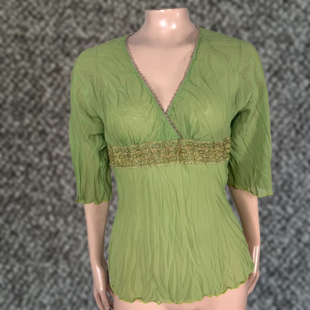 Vintage VINTAGE Pretty Good Shirt XS Half Sleeve V Neck Green 1990s Boho Polyester Lightweight Casual Mens Womens Girls Boys Size XS / US 0-2 / IT 36-38 - 1 Thumbnail