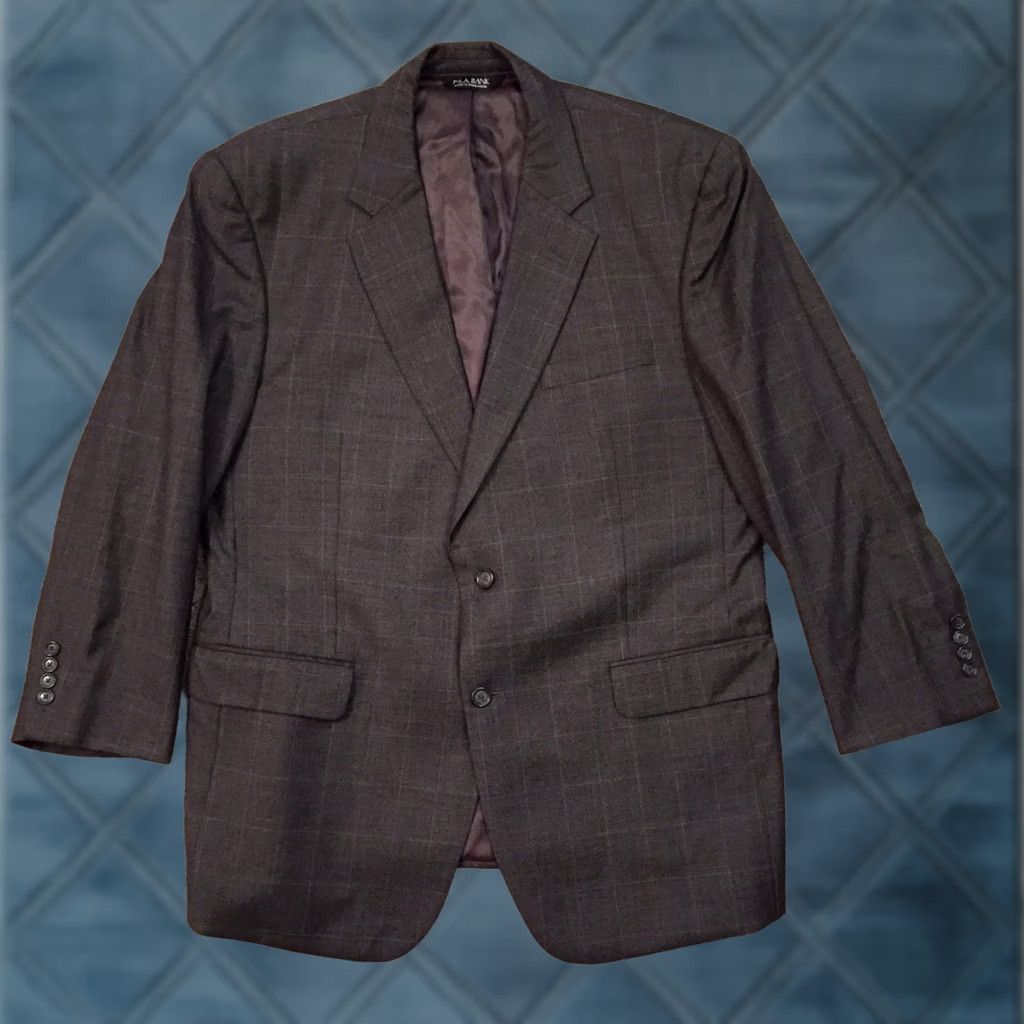 Jos. A. Bank Jos A Bank Blazer Mens 46 Regular Wool Plaid Notch Lapel 2 Button Single-Breasted Two-Button Front Vent Gray Window Pane Jacket Coat Size 46R - 1 Thumbnail