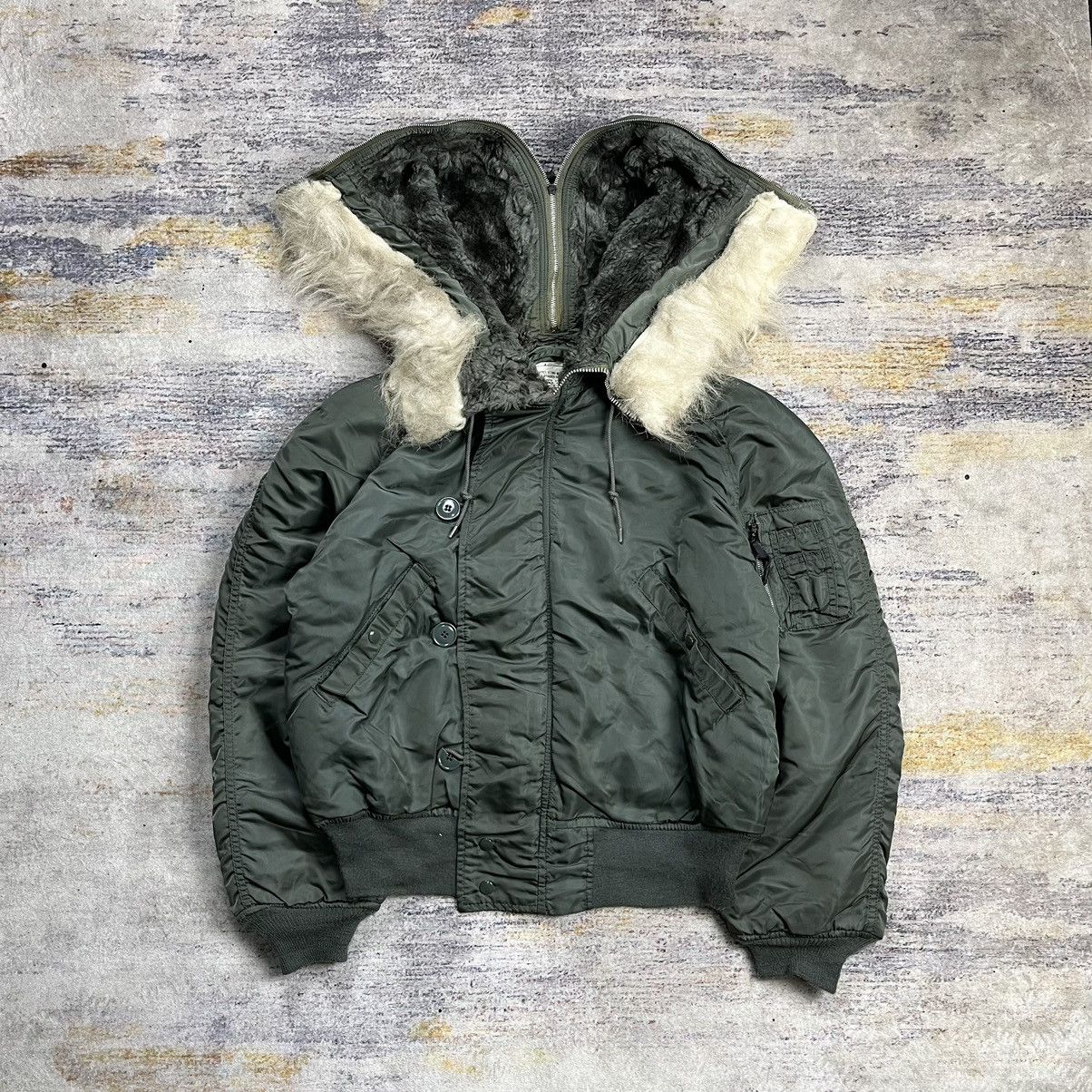 Vintage Alpha Industries N-2b attached hood bomber jacket