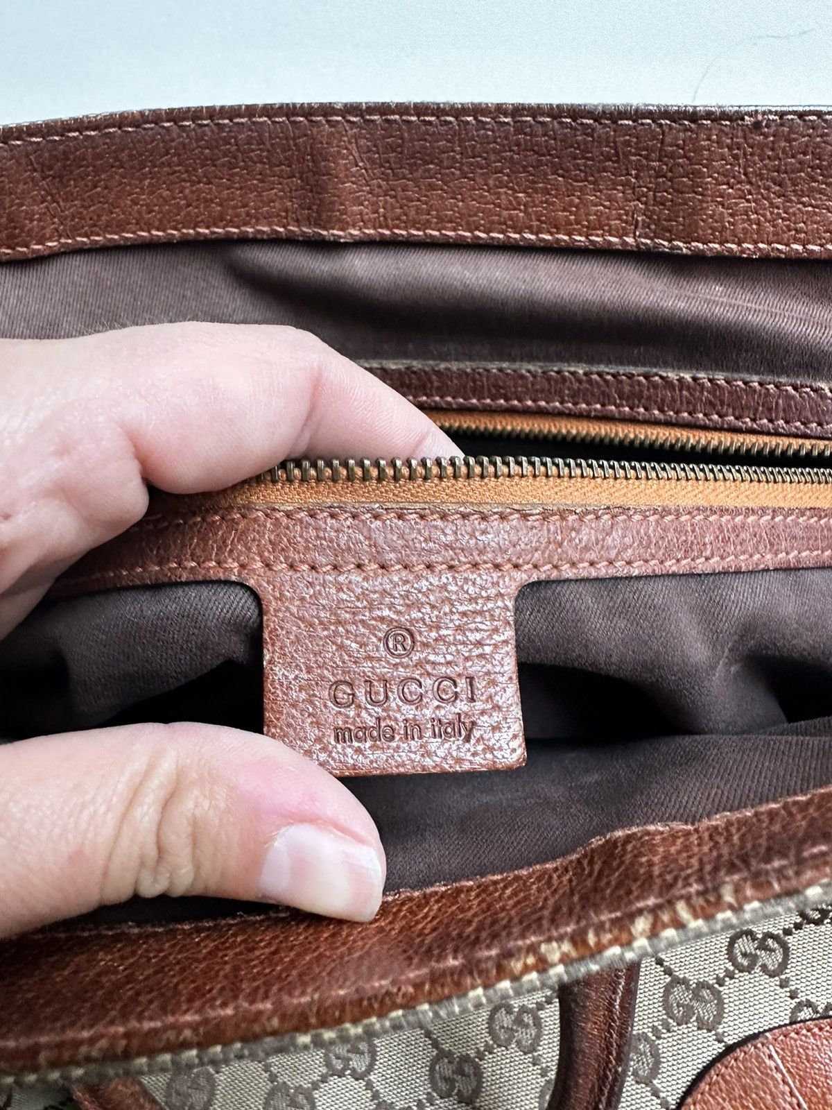 Vintage Vintage Gucci GG Logo Nailhead Tote Canvas Leather Tan Brown Size ONE SIZE - 11 Thumbnail